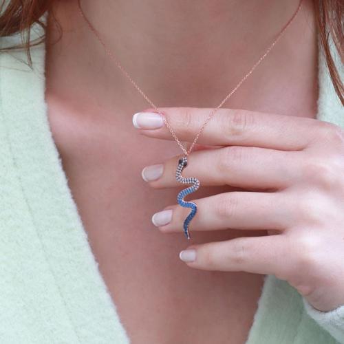 Siyah Gözlü Rose Gold Kaplama Yılan Gümüş Kolye