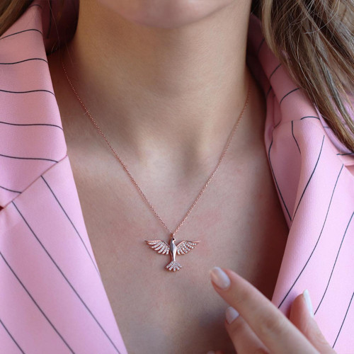 Anka Kuşu Zirkon Taşlı Rose Gold Kaplama Gümüş Kolye
