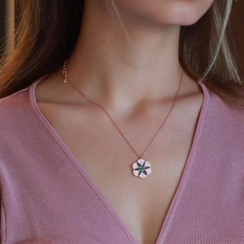 Apm Monaco Modeli Çiçek Zirkon Taşlı Rose Gold Kaplama Gümüş Kolye