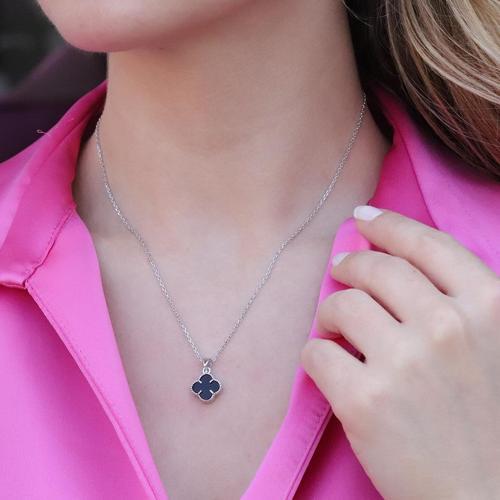 İkonik Alhmbra Modeli Siyah Sedef Taşlı Gümüş Kolye