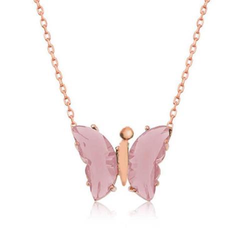Pembe Kelebek Model Rose Gold Kaplama Zirkon Taşlı Gümüş Kolye