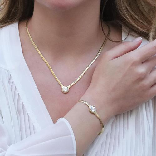 Balık Sırtı Zirkon Taşlı Gold Kaplama İkon Gümüş Set