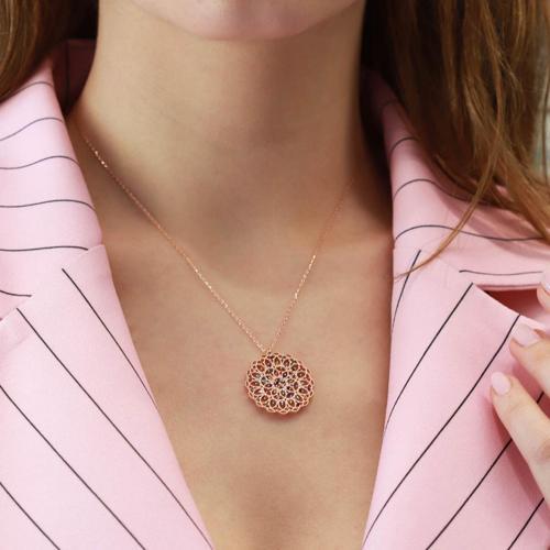 Yaşam Çiçeği Renkli Zirkon Taşlı Rose Gold Kaplama Gümüş Kolye