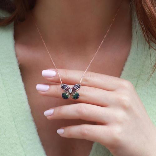 Renkli Zirkon Taşlı Kelebek Model Rose Gold Kaplama Gümüş Kolye