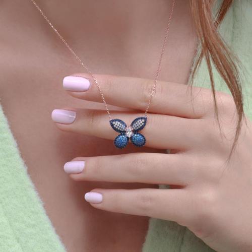 Mavi Zirkon Taşlı Kelebek Model Rose Gold Kaplama Gümüş Kolye