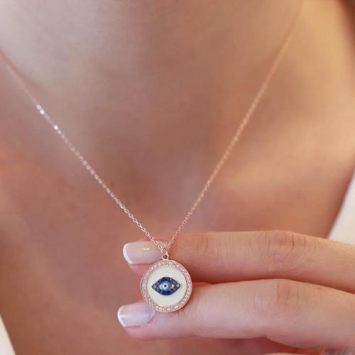 Göz Model Zirkon Taş Çerçeveli Rose Gold Kaplama Gümüş Kolye