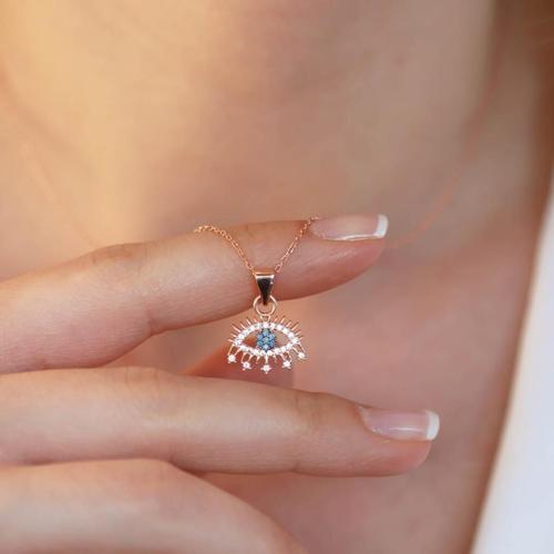 Göz Modeli Zirkon Taşlı Rose Gold Kaplama Gümüş Kolye