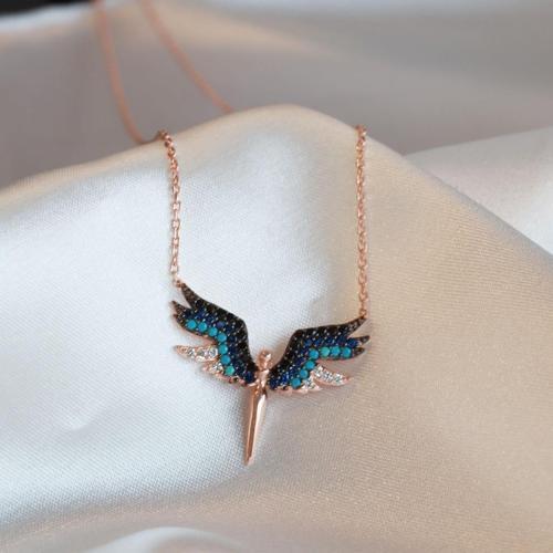 Mikail Meleği Zirkon Taşlı Rose Kaplama Gümüş Kolye