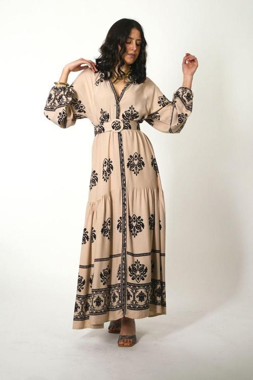 Kadın Hakim Yaka Önü Düğmeli Kemerli %100 Viskon Yazlık Elbise