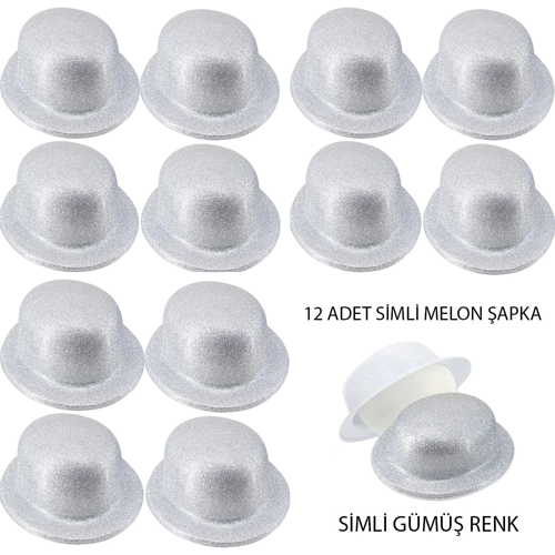 Gümüş Renk Simli Melon Yulak Parti Şapkası 12 Adet