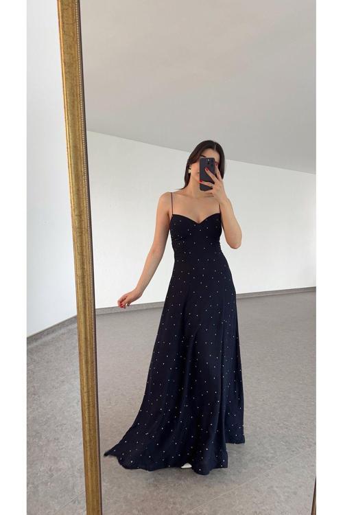 İnce Askılı Arkası Gipeli Kadın Lacivert Elbise