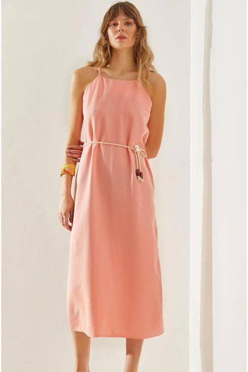 Hasır Kemer Detay Elbise Somon