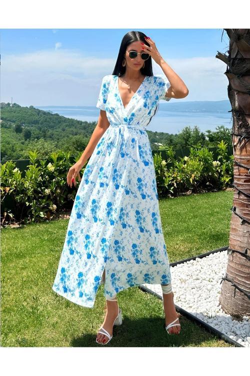 Kruvaze Yaka Beli Kuşaklı Çiçek Desen Midi Boy Süprem Elbise