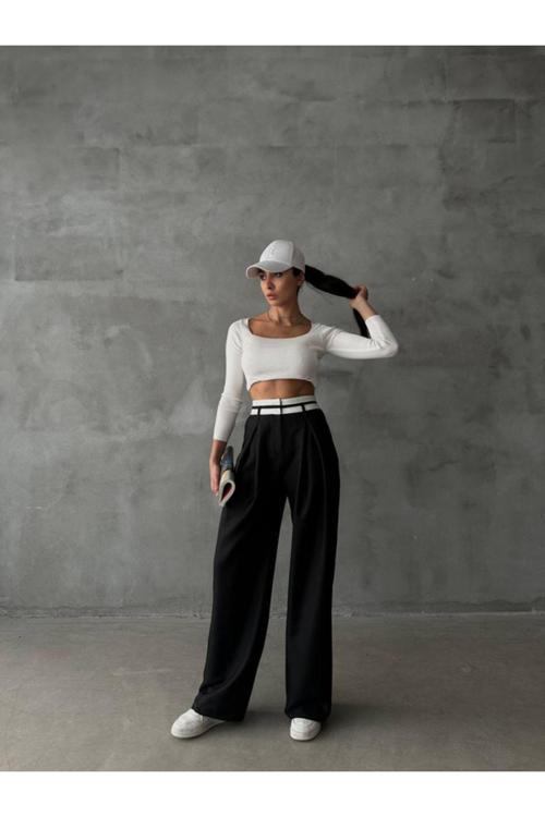 Kadın Poli-Viskon Kumaş Pantolon Siyah Renk