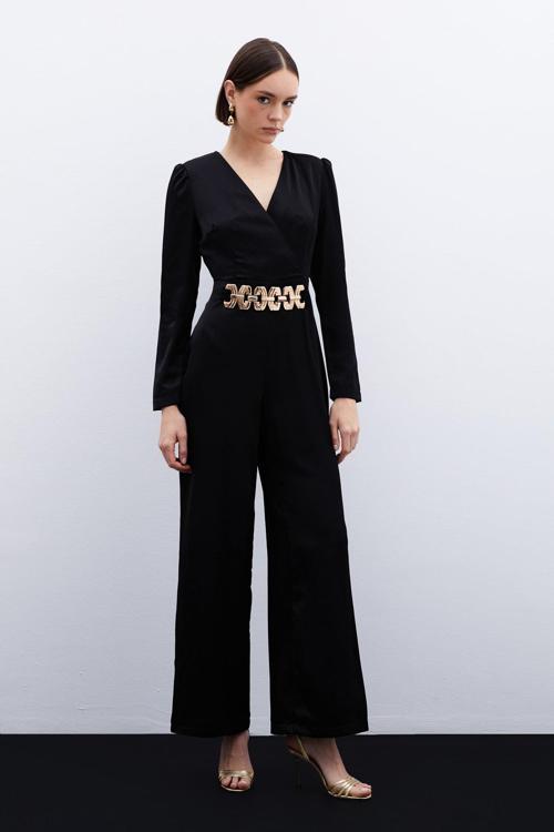 Birleşik Kemerli Saten Tulum - Siyah