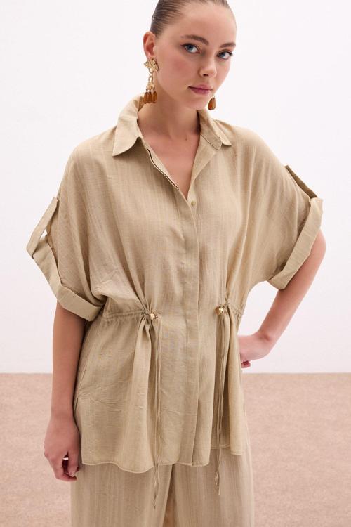 Bel Büzgü Detaylı Gömlek - Haki