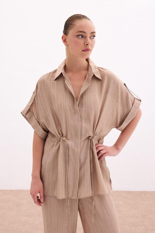 Bel Büzgü Detaylı Gömlek - Camel