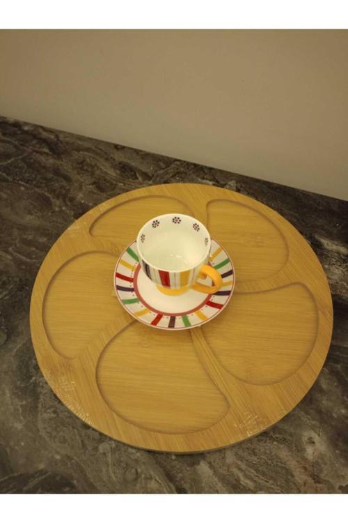 Tam Life And Home 360 Derece Yuvarlak Döner Bambu Sunum Tepsi Dekoratif Desenli