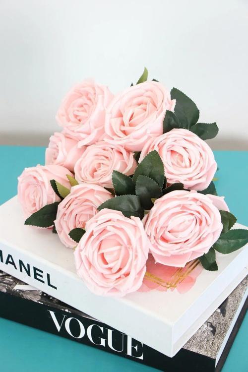 Yapay Çiçek 9lu Kat Kat Gül Demeti 42 Cm Pudra Pembe lodos gülü