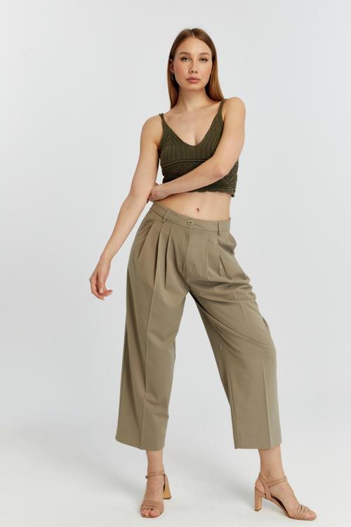Açık Haki Regular Pileli Kısa Paça Pantolon