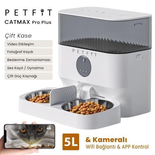CatMax Pro Plus 5L WiFi Kameralı ÇiftKase Akıllı Otomatik Kedi Köpek Mama Kabı Besleme Ünite Çelik Kase