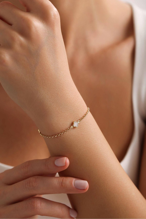 14 Ayar Altın Beyaz Yonca Bileklik