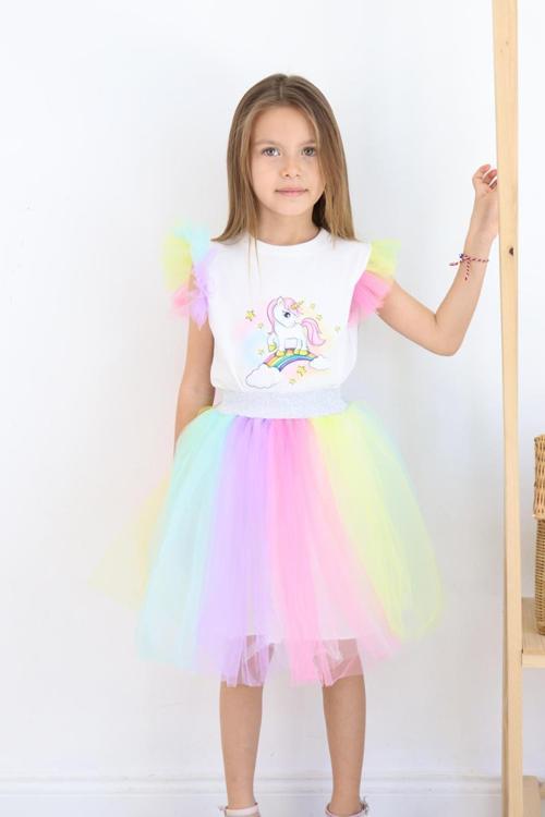 Kız Çocuk Unicorn Baskılı Tüllü Renkli 2'li Takım Parti Doğum Günü Kostüm Seti