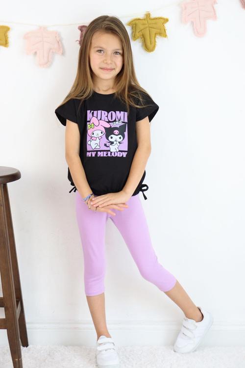 Kız Çocuk Kuromi My Melody Takım Siyah Tişört Lila Tayt 2'li Takım Kombin
