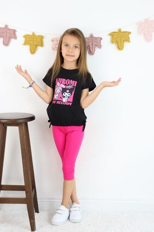 Kız Çocuk Kuromi My Melody Takım Siyah Tişört Fuşya Tayt 2'li Takım Kombin