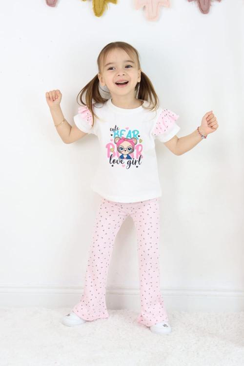 Kız Çocuk İkili Takım Pembe Renk Şık Baskılı Tişört ve Desenli Pantolon Günlük Giyim