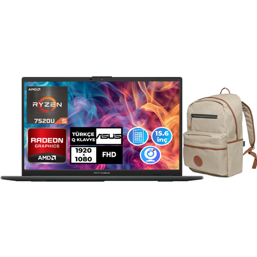 Vivobook Go 15 Ryzen 5 7520U 16GB RAM 2TB SSD 15.6" FHD Fdos Laptop + Çanta E1504FA-NJ1465 005