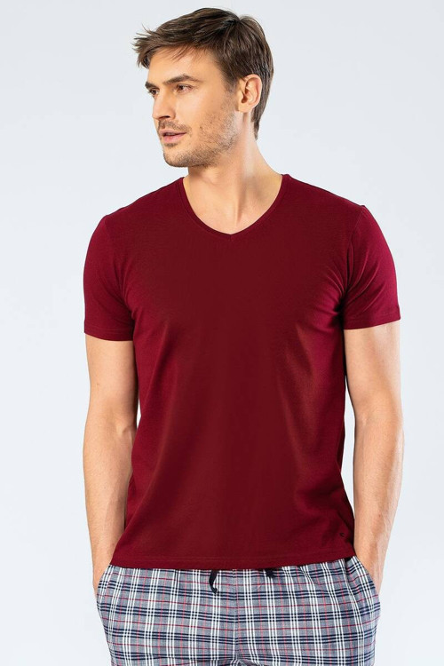 Erkek V Yaka Likralı T-shirt Bordo