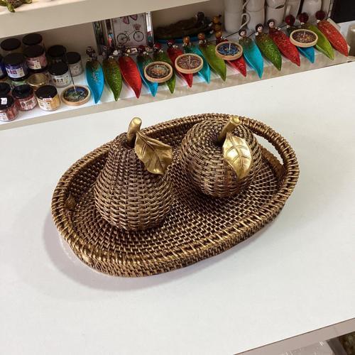 Hasır Görünümlü Polyester Elma Armut Tepsi Set Gold Renk
