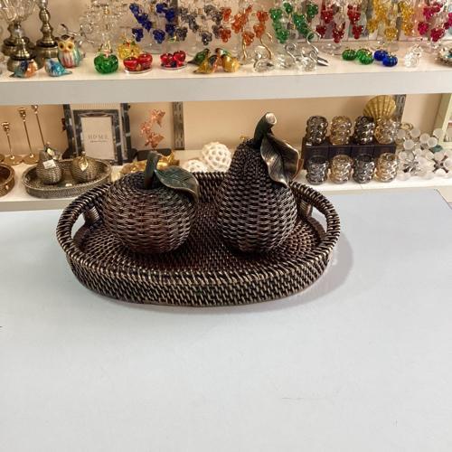 Hasır Görünümlü Polyester Elma Armut Tepsi Set Kahverengi Eskitme