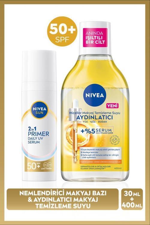 SUN SPF50 Güneş Koruyucu Primer Nemlendirici Makyaj Bazı 30ml ve Micellar Makyaj Temizleme Suyu400ml