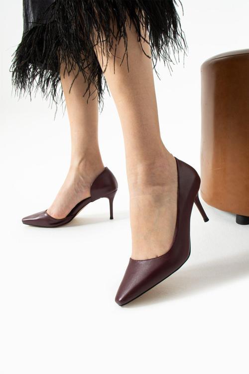 Şık Mat Bordo Vegan Deri Stiletto | 7 Cm İnce Topuklu Günlük Rahat Ofis Ayakkabısı Neolit Taban