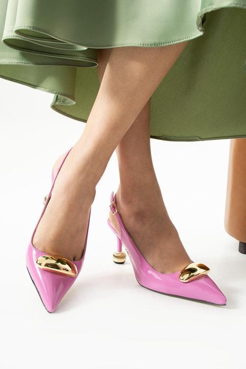 Fuşya Rugan Vegan Deri 7Cm İnce Topuklu Stiletto | Gold Detaylı Şık Kadın Ofis Abiye Günlük Ayakkabı