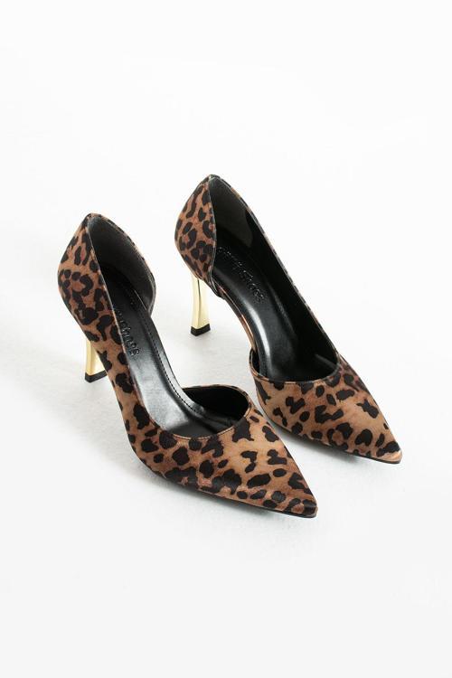 Kadın Leopar Desenli 9 Cm Altın Kaplama Topuklu Stiletto Vegan Deri Günlük Ve Özel Gün, Şık Ve Rahat