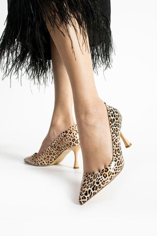 Bej Leopar Desenli Topuklu Ayakkabı Kadın Stiletto Rahat Kalın Topuk Abiye Şık Günlük Ofis Tarz