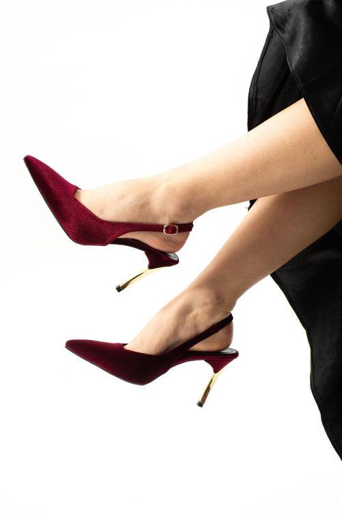 Bordo Kadife Altın Topuklu Stiletto | Şık Abiye İnce Topuklu Kadın Ayakkabı | Gece & Özel Gün