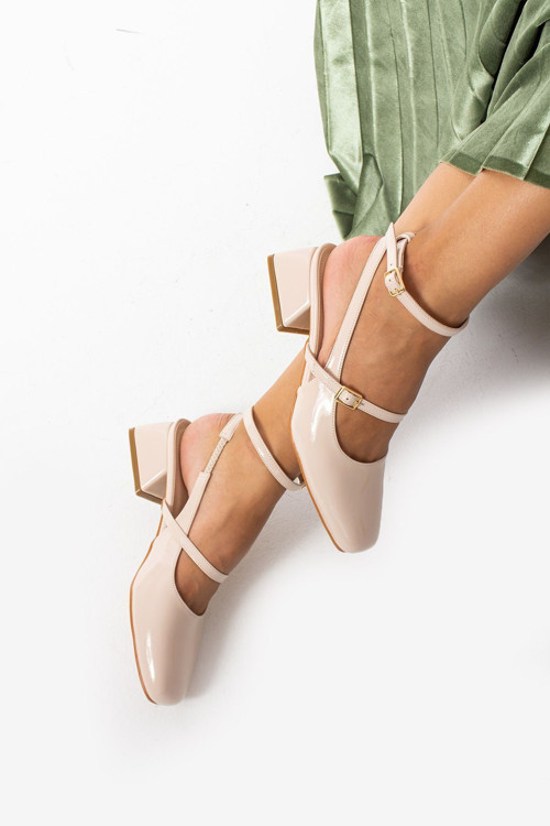 Kadın Topuklu Ayakkabı Bej Abiye Kısa Topuklu Rugan - Günlük Ve Özel Gün Kullanımı
