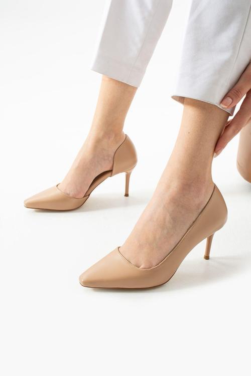Şık Mat Bej Vegan Deri Stiletto | 7 Cm İnce Topuklu Günlük Rahat Ofis Ayakkabısı Neolit Taban