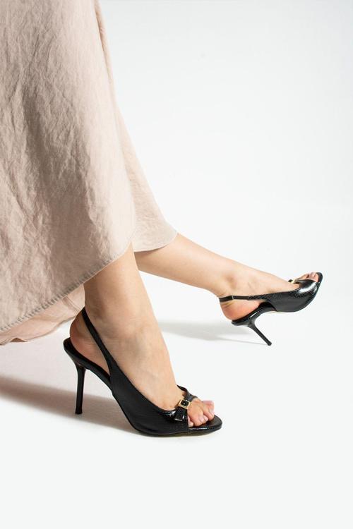 Siyah Yılan Desenli Kadın Stiletto–9Cm Topuk, Şık Vegan Deri, Hafıza Pedli Konforlu Topuklu Ayakkabı