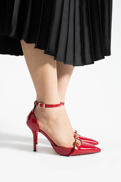 Kırmızı Parlak Kırışık Vegan Deri Stiletto | 9Cm İnce Topuk | Sivri Burun | Şık Rahat Kadın Ayakkabı