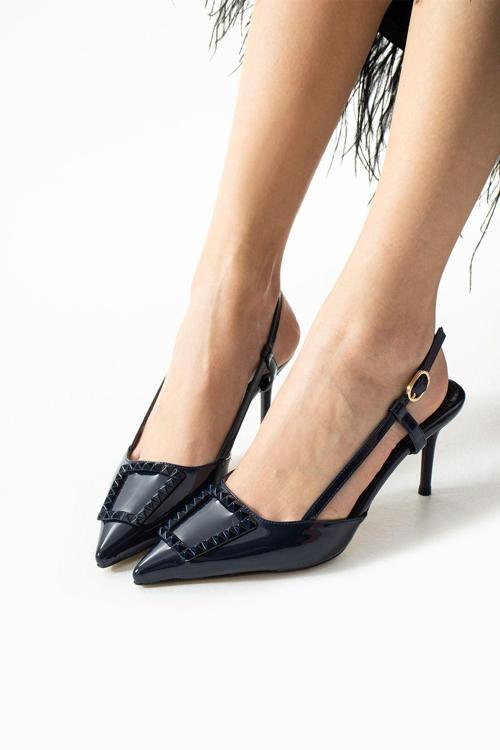 Parlak Lacivert Stiletto |Vegan Deri,7Cm Topuklu, Bilekten Bantlı,Tokalı Sivri Burun Şık Topuklu