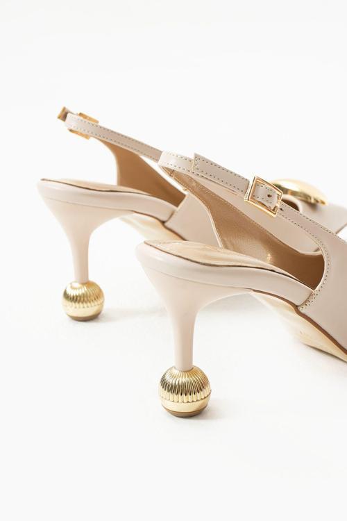 Krem Mat Vegan Deri 7Cm İnce Topuklu Stiletto | Gold Detaylı Şık Kadın Ofis Abiye Günlük Ayakkabı