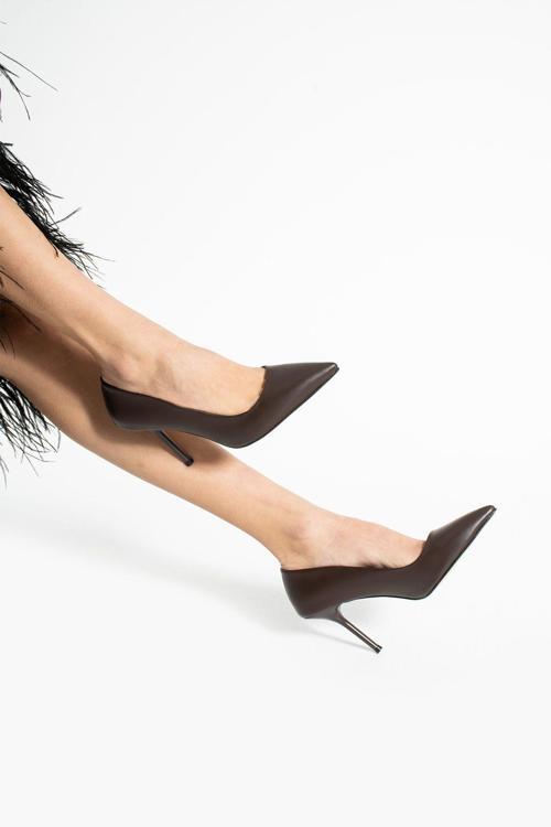 Koyu Kahverengi 9Cm Vegan Deri İnce Topuklu Stiletto | Etkileyici Şıklık! Mezuniyet Düğün Ofis İçin