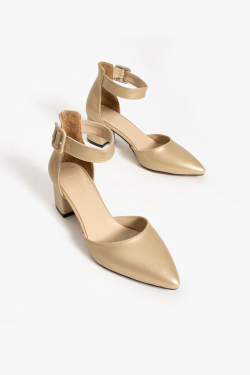 Kadin Altın Sarısı Topuklu Ayakkabı Abiye Stiletto Kalın Topuk Gelinlik Ayakkabisi 5.5Cm