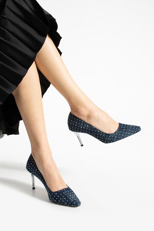 Mavi Kot Taşlı 7 Cm Vegan Deri Topuklu Ayakkabı | Rahat, Şık, Günlük Ve Özel Gün Kadın Ayakkabısı