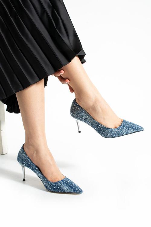 Mavi Jeans (Kot) Taş İşlemeli İnce Topuklu Ayakkabı – 7 Cm Metal Topuk, Sivri Burun, Şık Ve Rahat